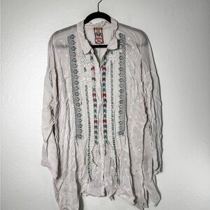 JohnnyWas Light Grey SemiSheer Embroidered Eyelet Button Down Long Sleeve Blouse